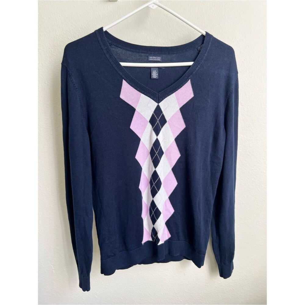 Tommy Hilfiger 100% Pima Cotton Navy V-Neck Sweater with Purple and White Argyle